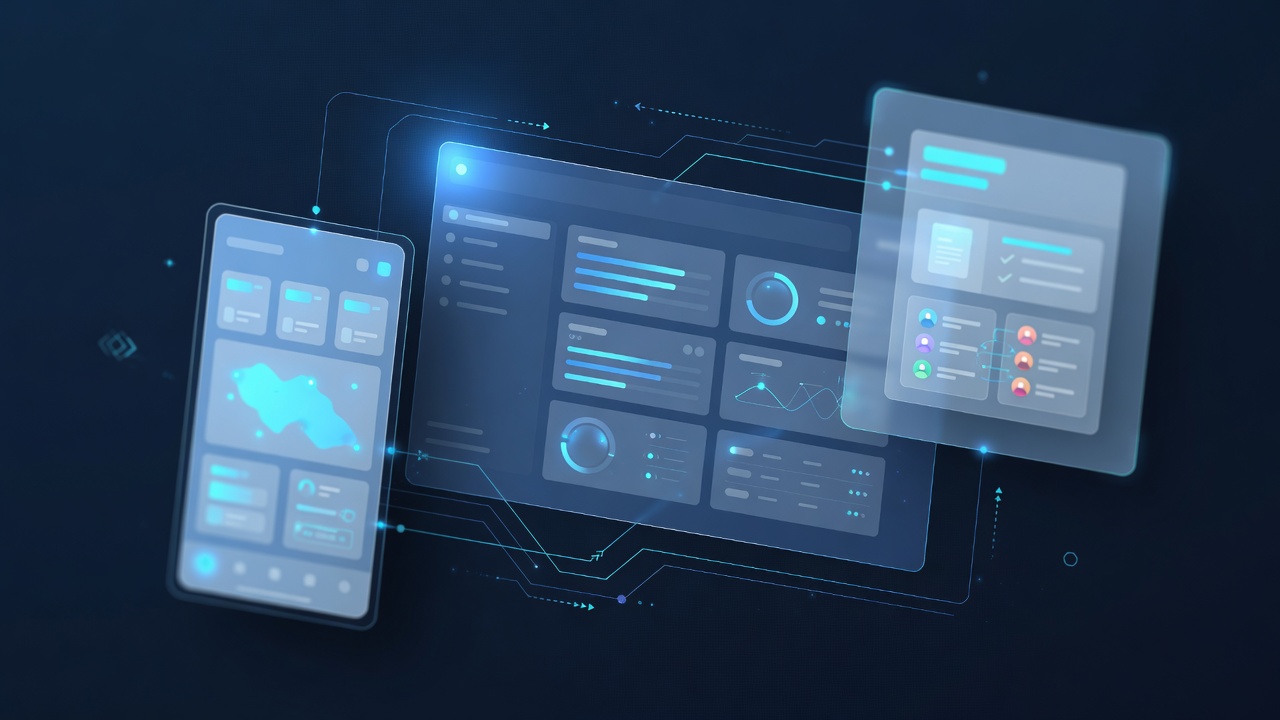 Illustration of connected back office, mobile field app and customer portal software